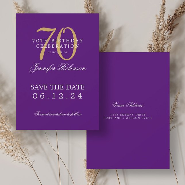 Convites Aniversário do 70 Roxo Dourado Salvar a Data (Gold Purple 70th Birthday Save the Date Invitation)