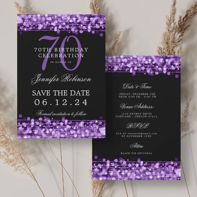 Convites Aniversário do 70 Roxo Guarde a Data com Detalhes (Purple 70th Birthday Save the Date w/ Details Invitation)