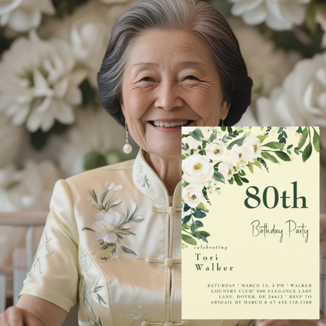 Convites Aniversário do 80 Amarelo Amarelo Branco em Cascat (Criador carregado)