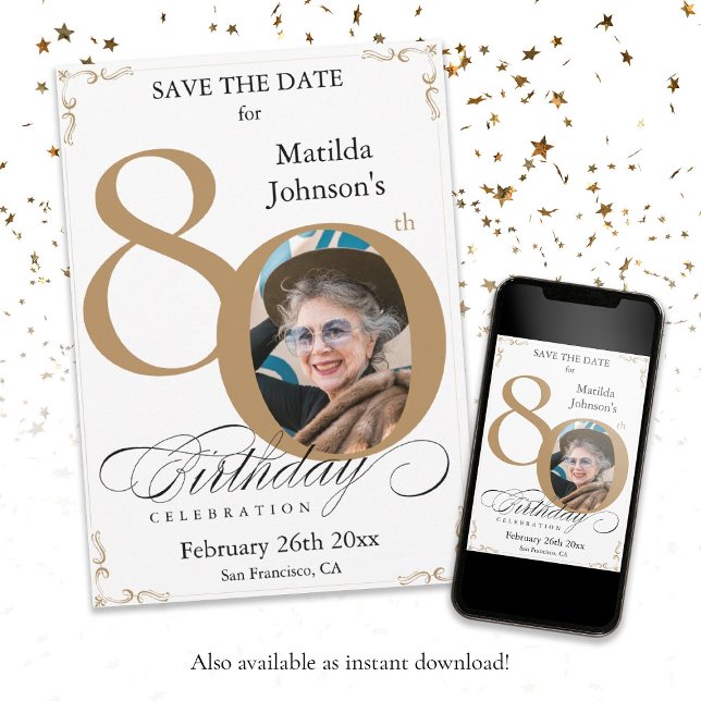 Convites Aniversário do 80 Branco Dourado Salvar a Data (80th Birthday Gold White Save The Date Custom Invitation)