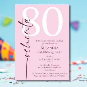Convites Aniversário do 80 branco-rosa-chic minimalista esp
