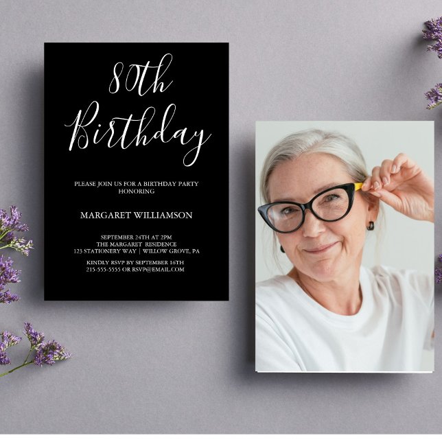 Convites Aniversário do 80 de Elegância Moderna Negra e Bra (Criador carregado)