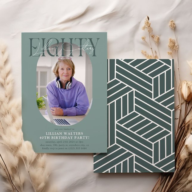 Convites Aniversário do 80 de Foto e Assinatura Moderno Ova (Criador carregado)