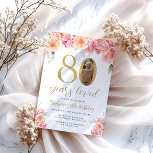 Convites Aniversário do 80 de Foto Floral Rosa e Dourada