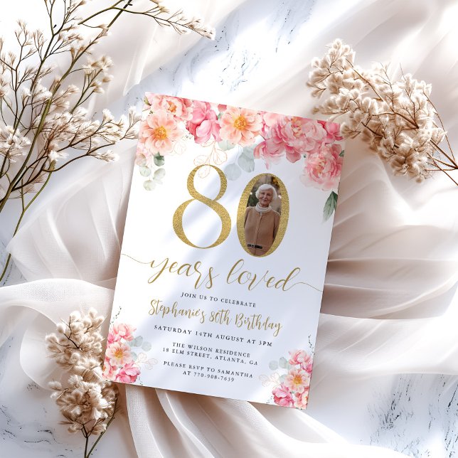 Convites Aniversário do 80 de Foto Floral Rosa e Dourada (Criador carregado)