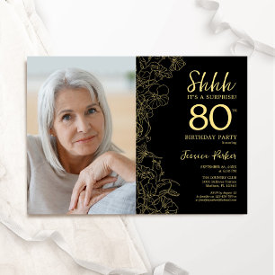 Convites Aniversário do 80 de Foto Surpresa Dourada Negra