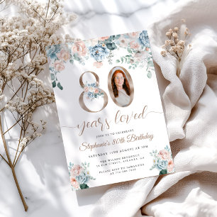 Convites Aniversário do 80 de Fotografia Floral Azul e Rosa