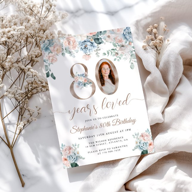 Convites Aniversário do 80 de Fotografia Floral Azul e Rosa (Criador carregado)