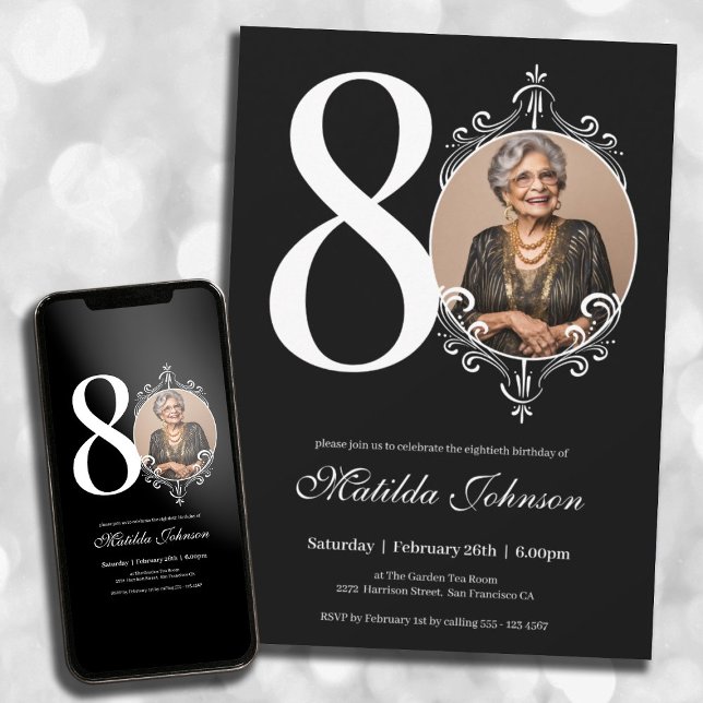Convites Aniversário do 80 de Fotografias Personalizadas a  (80th Birthday Classic Black and White Custom Photo Invitation)