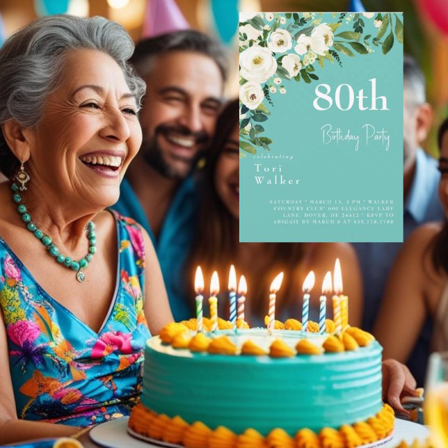 Convites Aniversário do 80 de Turquesa Floral Branca em Cas (Criador carregado)