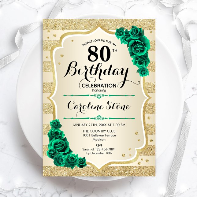 Convites Aniversário do 80 Floral Elegante Verde Dourado (Criador carregado)