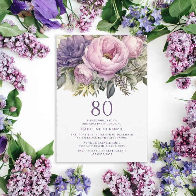 Convites Aniversário do 80 Floral Rosa-Rosa Elegante (Elegant purple peonies botanical birthday party invitation for her.)