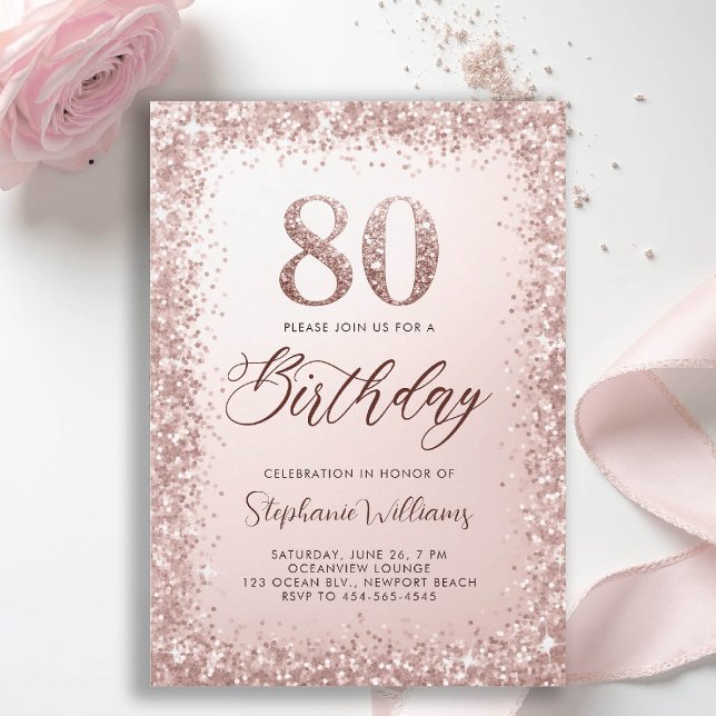 Convites Aniversário do 80 Moderno da Caligrafia Dourada co (80th birthday invitation for women her glitter sparkle rose gold elegant glam luxury stylish classy)