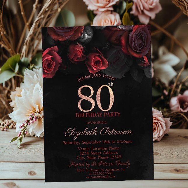 Convites Aniversário do 80 Negro do Elegante Rosa vermelha (Criador carregado)