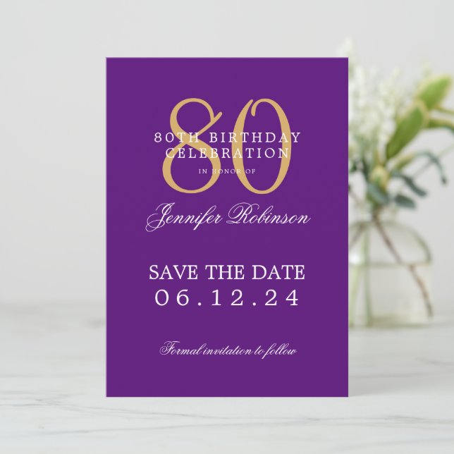 Convites Aniversário do 80 Roxo Dourado Salvar a Data (Em pé/Frente)