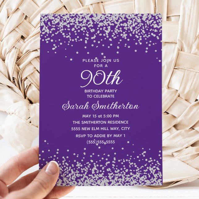 Convites Aniversário do 90 Adulto Elegante de Prata Roxa (Purple with silver glitter 90th birthday party invitation)