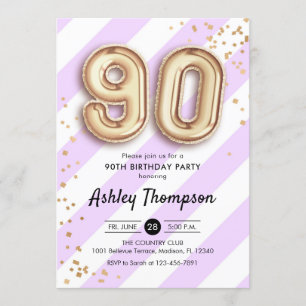 Convites aniversário do 90 - balões roxos do ouro das