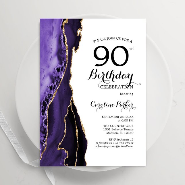 Convites Aniversário do 90 Branco Dourado de Agato Roxo (Criador carregado)
