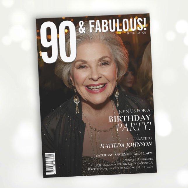 Convites Aniversário do 90 da Revista 90 e Fabulosa (90 and Fabulous Magazine Cover 90th Birthday Invitation)