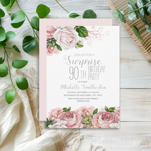 Convites Aniversário do 90 da Surpresa Floral Rosa Blush (Elegant blush pink vintage floral surprise 90th birthday party invitation)