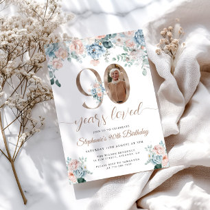 Convites Aniversário do 90 de Fotografia Floral Azul e Rosa