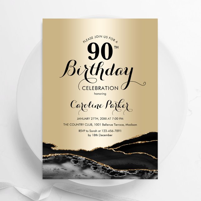 Convites Aniversário do 90 de mármore preto Dourado (Criador carregado)
