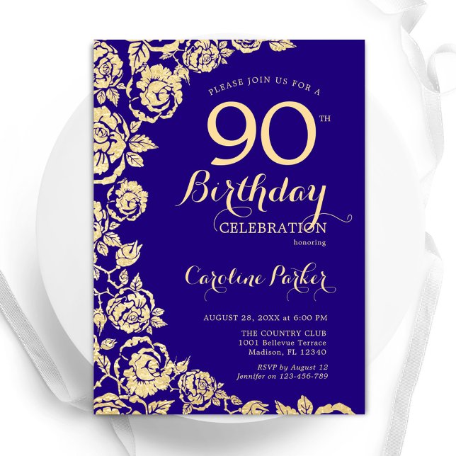 Convites Aniversário do 90 de Rosas Douradas Elegantes (Criador carregado)
