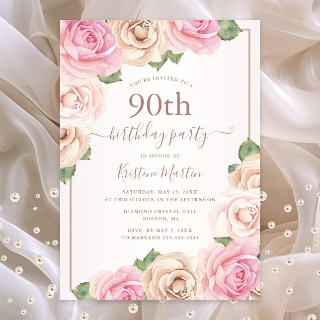 Convites Aniversário do 90 Floral de Rosa Dourada Aquarela  (90th birthday party invitation with pink roses)