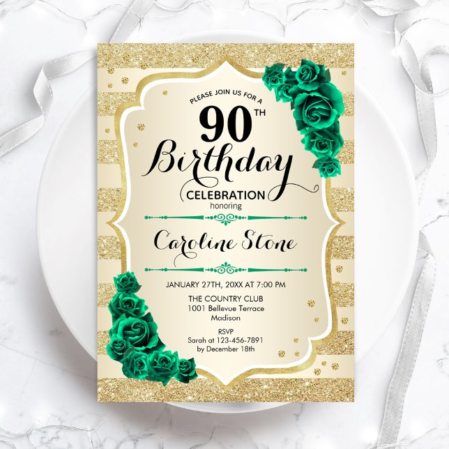 Convites Aniversário do 90 Floral Elegante Verde Dourado (Criador carregado)