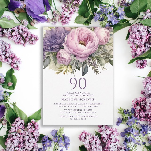 Convites Aniversário do 90 Floral Rosa-Rosa Elegante (Purple floral 90th birthday party invitation)
