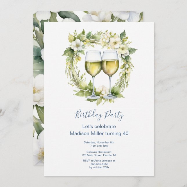 Convites Aniversário do Adulto das Flores de Vinho Branco E (Frente/Verso)