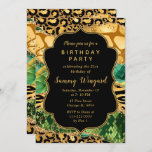 Convites Aniversário do Agate Safari Dourado e Verde<br><div class="desc">Este convite de aniversário de ouro e safari verde apresenta manchas-leopardo, faixas de tigre, impressão de girafa e escalas de cobra. O texto combina o guião manuscrito e as fontes sans serif modernas para um olhar elegante e glamouroso. Os sotaques dourados falsos e a impressão abstrato criam a perfeita mistura...</div>