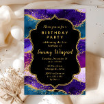 Convites Aniversário do Agatinho Púrpura e Azul<br><div class="desc">Este elegante e glamouroso convite de aniversário apresenta um fundo de mármore azul roxo e lacrimejante com sotaques dourados falsos. O texto combina o script manuscrito e as fontes sans serif modernas para um aspecto elegante e sofisticado. As sequências e a textura em apuros criam a mistura perfeita de chic...</div>