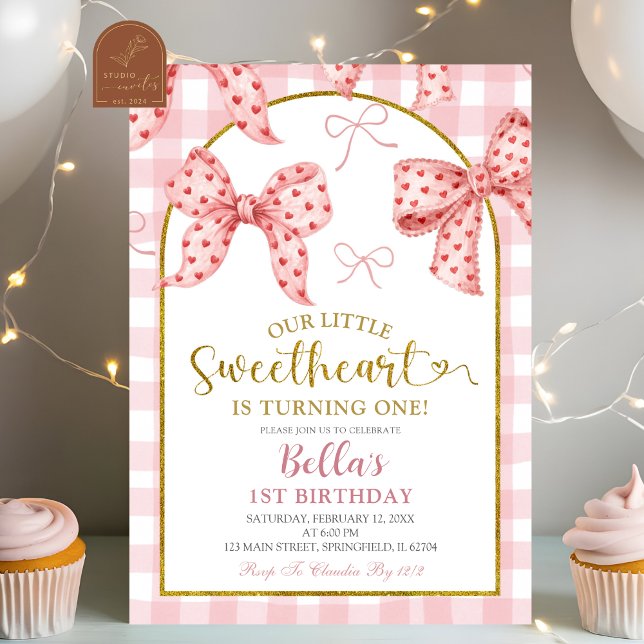 Convites Aniversário do Amorzinho com Laço Gingham Rosa  (Criador carregado)