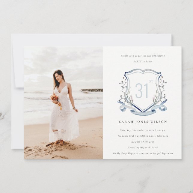 Convites Aniversário do Aqua Blue Wildflower Monograma Cres (Frente)