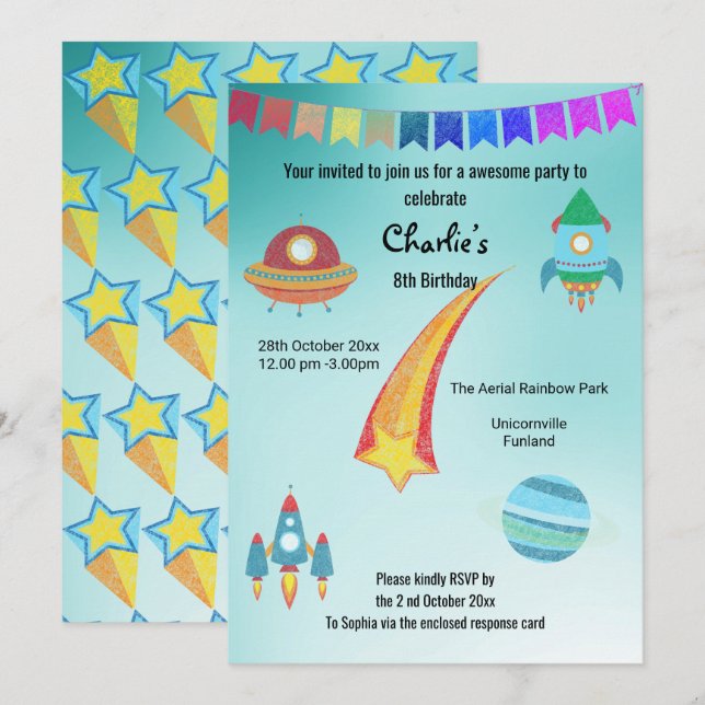 Convites Aniversário do Aqua Star no Tema Espacial (Frente/Verso)