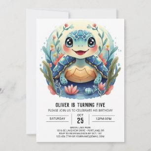 Convites Aniversário do Aquatic Boho Whimsy Turtle Boy
