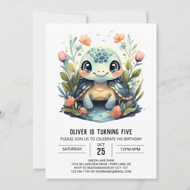 Convites Aniversário do Aquatic Marine Happy Turtle Boy (Frente)