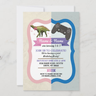 Convites Aniversário do Arco do Dinossauro e Garota Mista 