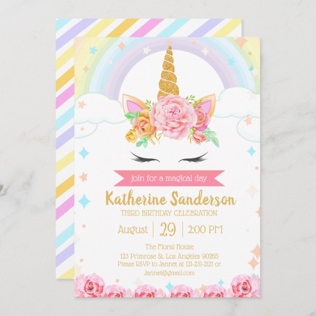 Convites Aniversário do Arco-Íris Mágico do Unicórnio Rosto (Frente/Verso)