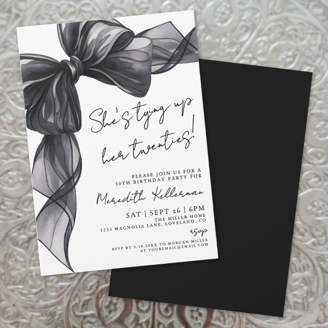 Convites Aniversário do Arco Preto Elegante (Elegant Watercolor Black Bow Birthday Invitation)
