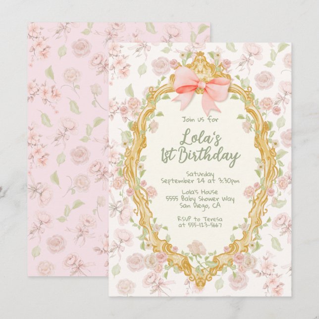 Convites Aniversário do Arco Rosa de Quadro do Ornamentado  (Frente/Verso)