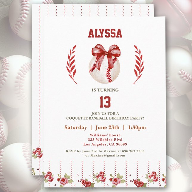 Convites Aniversário do Arco Vermelho Coquette Baseball Mod (Coquette Baseball Red Bow Floral Modern Birthday Invitation)