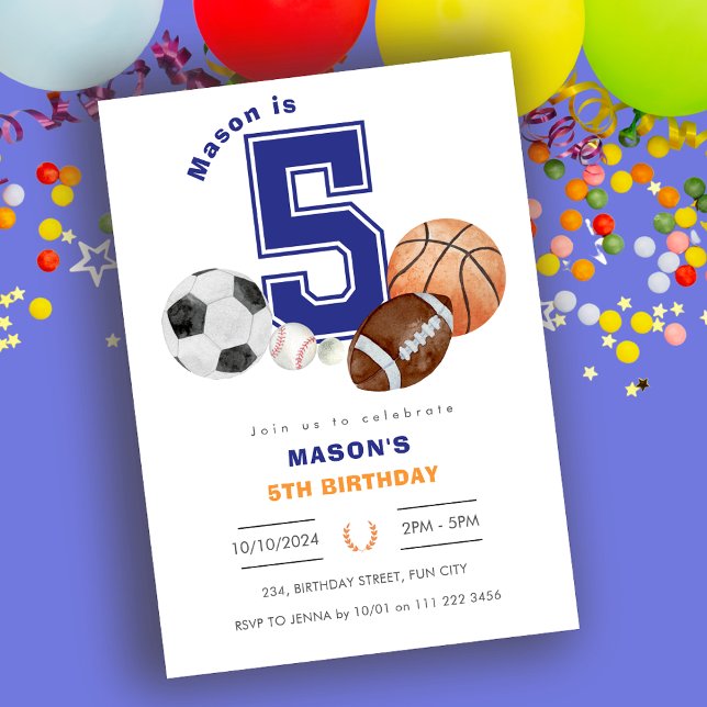 Convites Aniversário do atleta 5 desportivo (Sports 5th Boy Athlete Birthday Invitation)