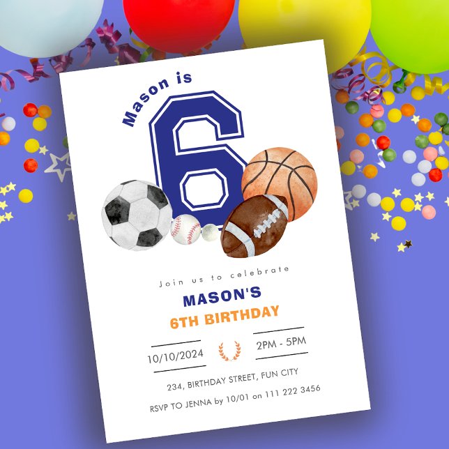 Convites Aniversário do atleta 6 desportivo (Sports 6th Boy Athlete Birthday Invitation)