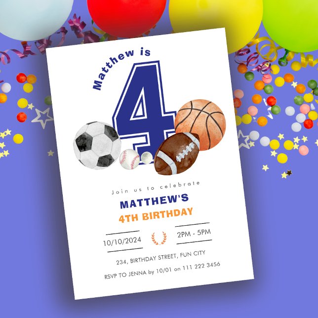 Convites Aniversário do atleta desportivo 4 (Sports 4th Boy Athlete Birthday Invitation)