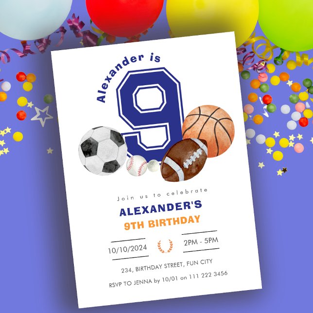 Convites Aniversário do atleta Esportivo 9º (Sports 9th Boy Athlete Birthday Invitation)