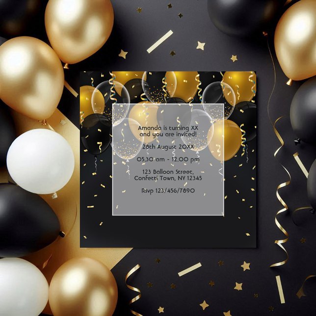 Convites Aniversário do Balão Dourado e Negro Elegante (Elegant Black and Gold Balloon Birthday Invitation)