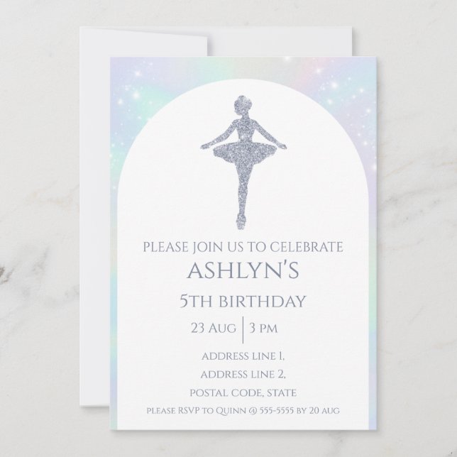 Convites Aniversário do Balé Silver Ballerina Personalizado (Frente)