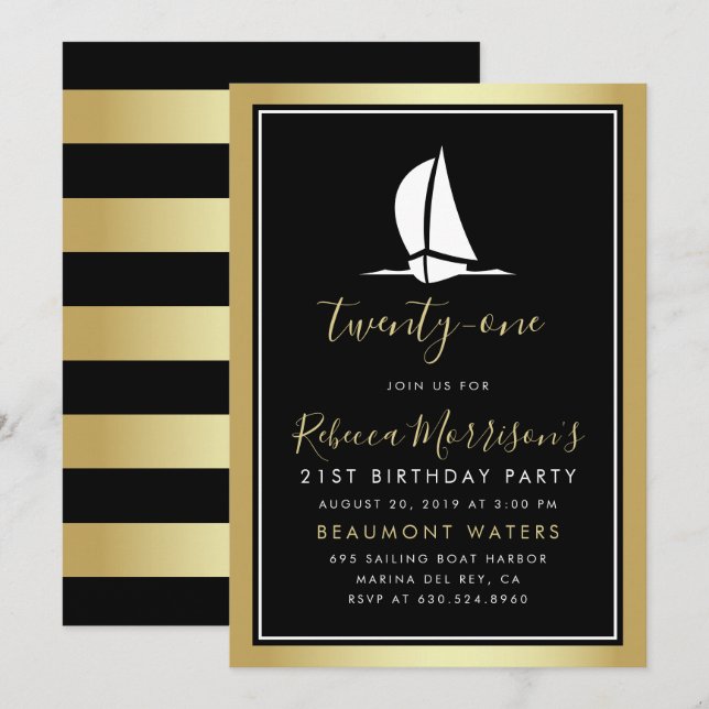 Convites Aniversário do Barco Dourado Branco e Negro (Frente/Verso)